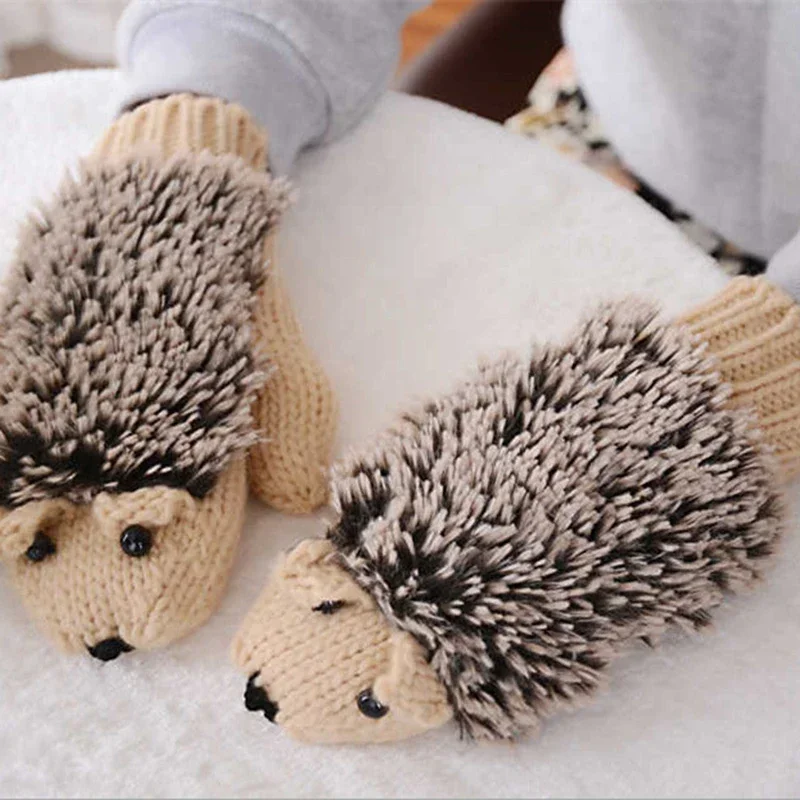 Warm Mittens Winter Knitted Gloves for Womens All Finger Cartoon Hedgehog Cute Girls Winter Gloves Birthday Present Gift Item - Image 2