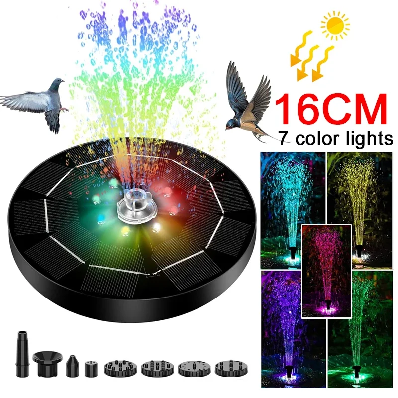 Fountain Light 7 Colors LED Light Solar Fountain Light Rotating Fountain 3W 6 Nozzle Water Pump Outdoor Bird Bath Garden